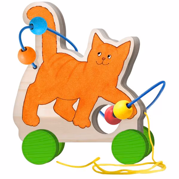 Houten Dikkie Dik trekfiguur met kleurrijke kralen, perfect voor baby's en peuters