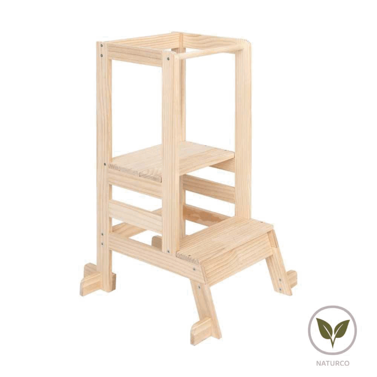 Naturco houten leertoren – stevige kinderkeukenhulp met hekje.