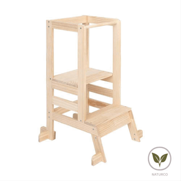 Naturco houten leertoren – stevige kinderkeukenhulp met hekje.