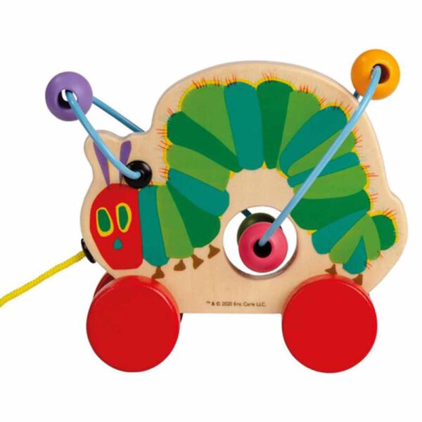 Houten Rupsje Nooitgenoeg trekfiguur met kleurrijke kralen, ontworpen voor baby's en peuters om mee te lopen en te spelen.