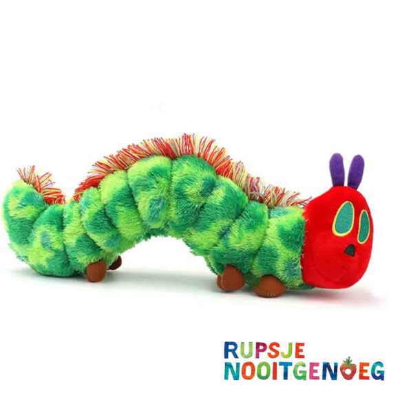Zachte 22 cm Rupsje Nooitgenoeg knuffel, geïnspireerd op het populaire kinderboek, ideaal voor baby’s en peuters.